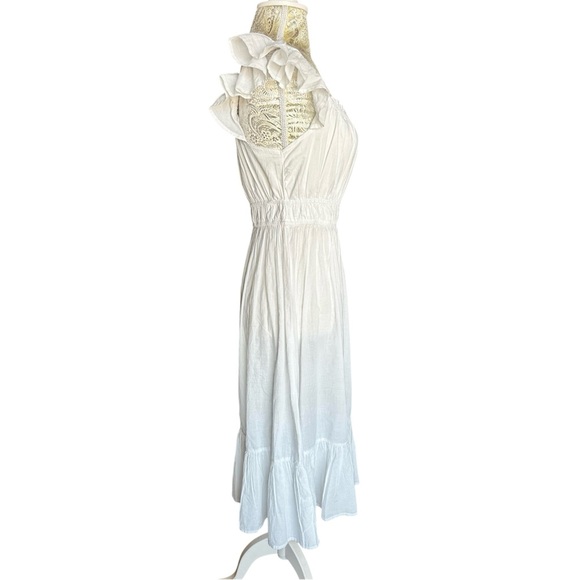 White Midi Dress with Ruffle Sleeves Cottagecore Beach Bohemian Bridal Medium - Picture 3 of 4